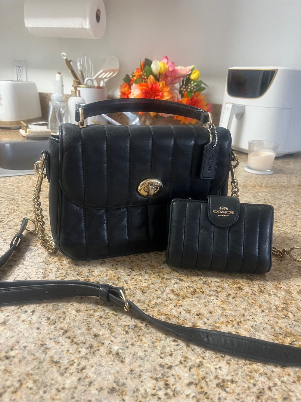 Coach Black Quilted Leather Top-Handle Shoulder Bag with Matching Wallet